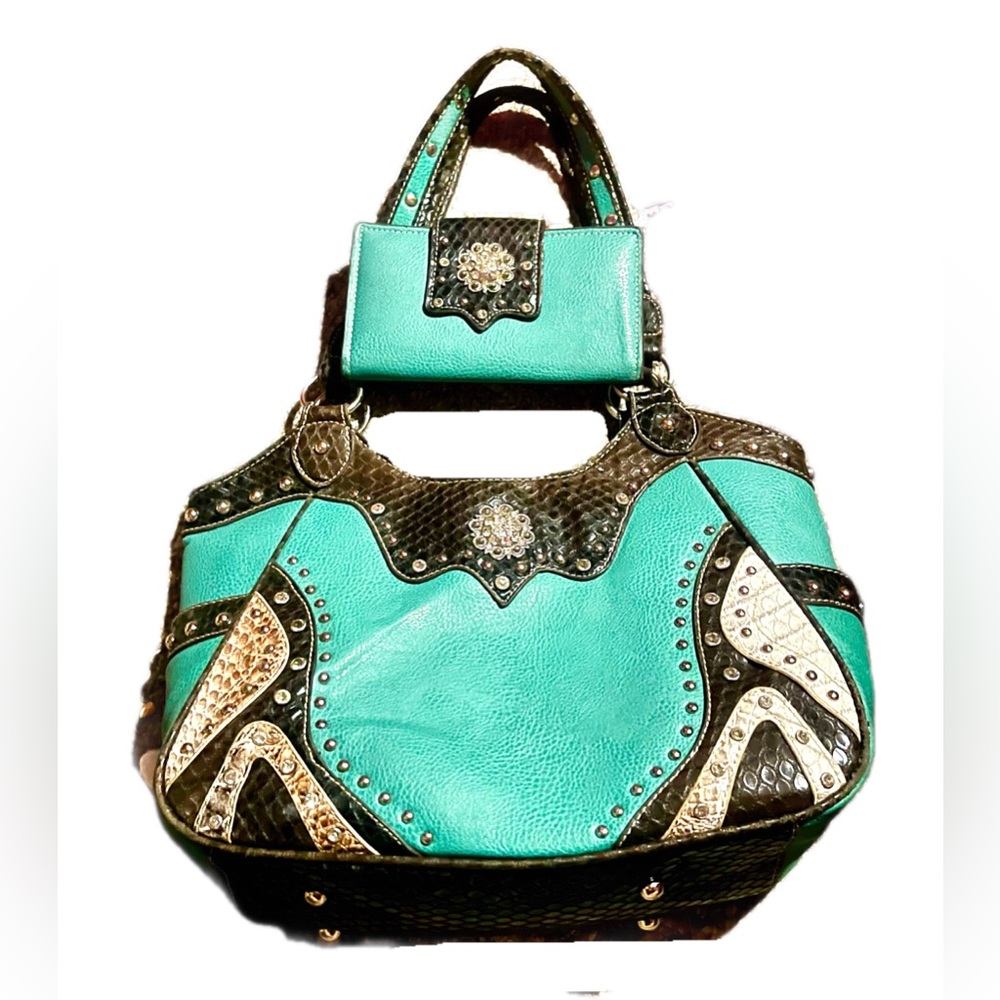 HaleyBeeZ Western Turquoise studded bag with matching wallet